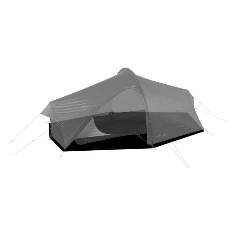 Lightweight two-person tunnel-style camping tent with a rainfly over a mesh inner, a partially open D-shaped door and multiple guylines staked out on a black groundsheet.