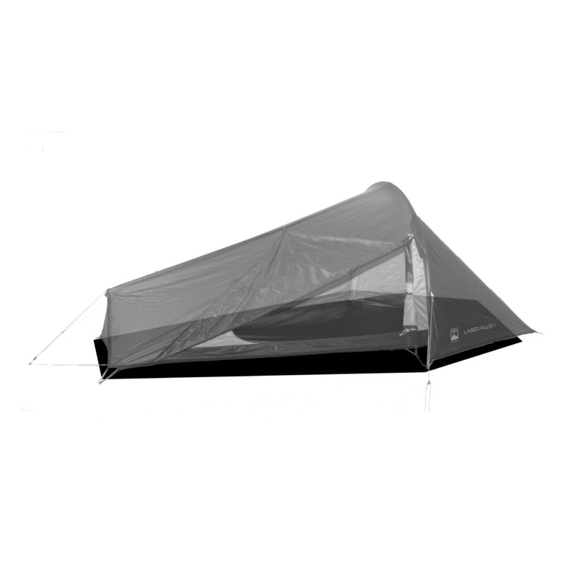 Low-profile single-person trekking tent seen from the side, with a tapered triangular flysheet stretched over a mesh inner body and staked guylines, showing the dark sleeping area and integrated floor.