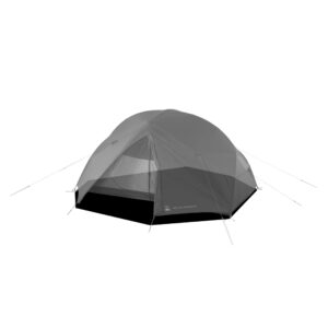 Two-person dome camping tent with rainfly and tensioned guy lines, front door partially open and set against a plain white background.