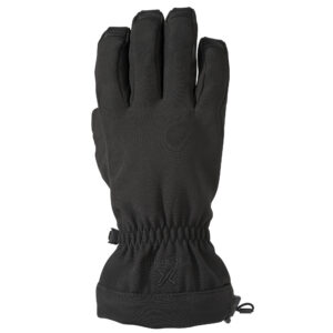 Tactical-Goretex-Glove-Back-3.jpg Black insulated five-finger winter glove shown from the back with stitched fingertips, elasticated wrist and a small wrist clip.