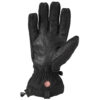 Black insulated winter glove shown palm-up with smooth leather palm and padded fingers, elasticated wrist, small red Windstopper logo on the cuff and a plastic clip and drawcord at the hem.
