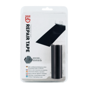 Tenacious-Tape-Black-1500-3.png Black nylon repair tape roll in clear blister packaging with white backing labelled 'REPAIR TAPE' and red Gear Aid logo, showing an illustration of a peeled strip of tape.