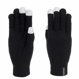 Pair of black knitted gloves with light grey touchscreen-ready tips on the thumb, index and middle fingertips, shown flat side-by-side on a white background.