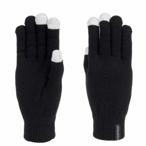 Pair of black knitted gloves with light grey touchscreen-ready tips on the thumb, index and middle fingertips, shown flat side-by-side on a white background.