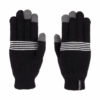 Pair of black knitted gloves laid flat side by side, with grey touchscreen tips on the thumbs and fingers, white horizontal stripes across the back of each hand and ribbed cuffs with a small brand tag.
