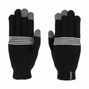 Pair of black knitted gloves laid flat side by side, with grey touchscreen tips on the thumbs and fingers, white horizontal stripes across the back of each hand and ribbed cuffs with a small brand tag.