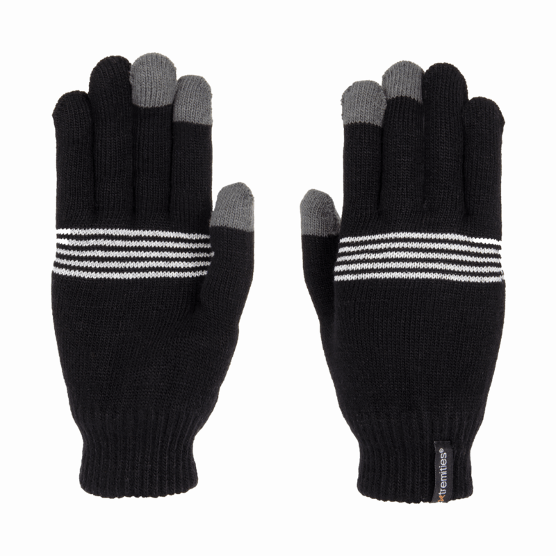 Pair of black knitted gloves laid flat side by side, with grey touchscreen tips on the thumbs and fingers, white horizontal stripes across the back of each hand and ribbed cuffs with a small brand tag.