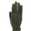 Olive-green knitted glove with tan-brown contrasting touchscreen tips on the thumb and two fingers, a ribbed cuff and a small black brand tag at the wrist