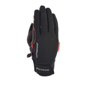 Tor-gloveTerra-Nova-21-09-1612115-1.jpg Black GORE® Windstopper glove with red accents and textured grip patches on the thumb and palm, Velcro wrist strap showing 'extremities' branding, photographed flat on a white background.