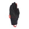 Black insulated glove shown palm-up with a textured grid grip on the palm, red stitching and fingertip patch, and a red pull loop and tag at the cuff