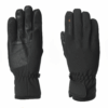 Pair of black winter gloves — left glove palm-side showing textured synthetic-leather palm panels and stitched reinforcements, right glove back-side showing smooth fabric with small logo, elasticated wrists and a Velcro-adjustable cuff.
