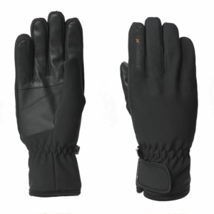 Pair of black winter gloves — left glove palm-side showing textured synthetic-leather palm panels and stitched reinforcements, right glove back-side showing smooth fabric with small logo, elasticated wrists and a Velcro-adjustable cuff.