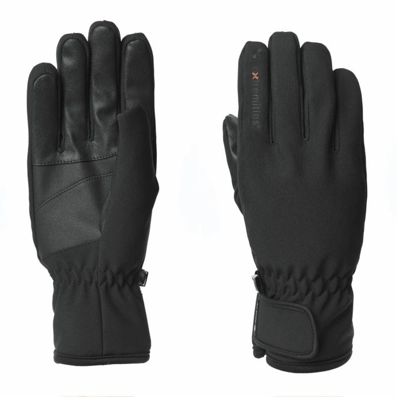 Pair of black winter gloves — left glove palm-side showing textured synthetic-leather palm panels and stitched reinforcements, right glove back-side showing smooth fabric with small logo, elasticated wrists and a Velcro-adjustable cuff.