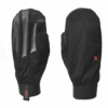 Pair of black waterproof mittens shown side-by-side, left mitten palm-facing with three molded rubber grip ridges and a small XDRY fabric pull tab at the wrist, right mitten back-facing with a vertical extremities logo and orange 'x' detail.