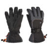 Pair of insulated black and charcoal-grey winter gloves shown side-by-side, left glove displaying the padded palm and elastic wrist, right glove showing the back with adjustable wrist strap, orange stitching and an orange cord-lock gauntlet drawcord.