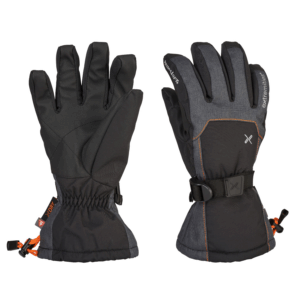 Pair of insulated black and charcoal-grey winter gloves shown side-by-side, left glove displaying the padded palm and elastic wrist, right glove showing the back with adjustable wrist strap, orange stitching and an orange cord-lock gauntlet drawcord.