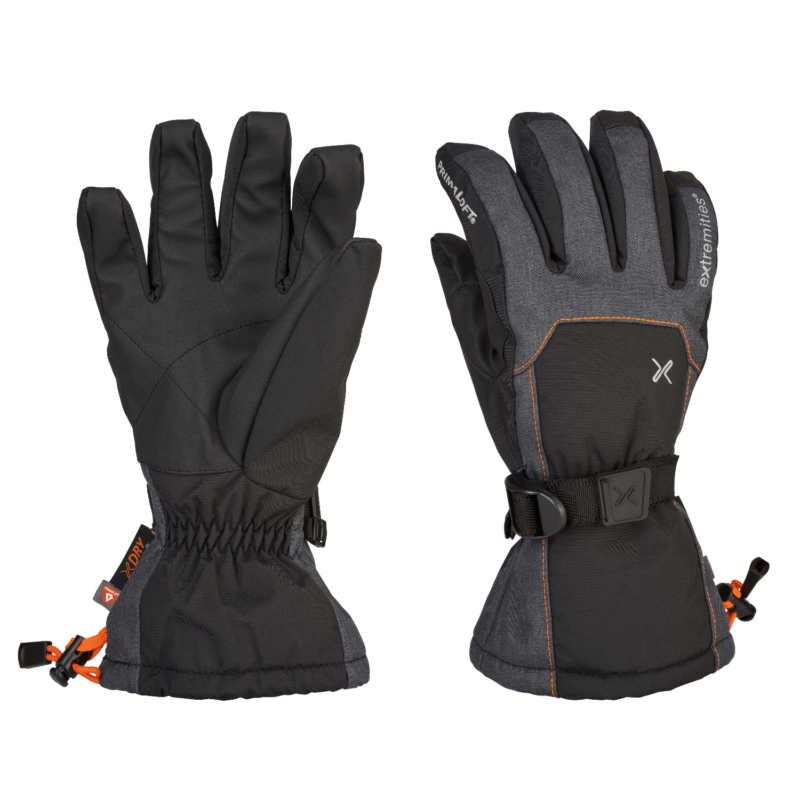Pair of insulated black and charcoal-grey winter gloves shown side-by-side, left glove displaying the padded palm and elastic wrist, right glove showing the back with adjustable wrist strap, orange stitching and an orange cord-lock gauntlet drawcord.