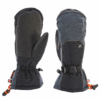 Pair of dark grey and black insulated ski mittens shown side by side, one displaying a textured reinforced palm and the other the back with an adjustable wrist strap, long gauntlets and orange cord pulls.