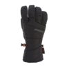 Black insulated five-finger winter glove with a long gauntlet cuff, padded stitched panels, a small orange-and-black side clip, and a printed "extremities" logo with an XDRY fabric tag