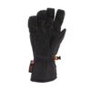 Black insulated glove shown palm-up with a textured grippy pattern on the palm and fingers, elasticated long cuff, small orange clip and a fabric tag at the wrist