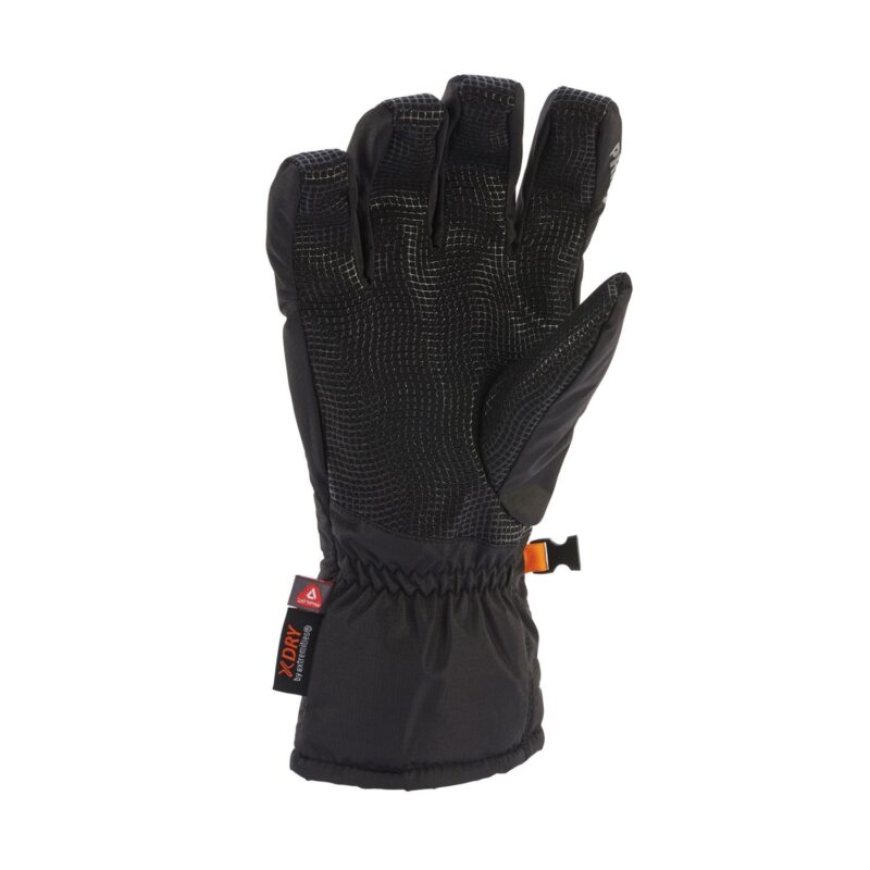 Black insulated glove shown palm-up with a textured grippy pattern on the palm and fingers, elasticated long cuff, small orange clip and a fabric tag at the wrist