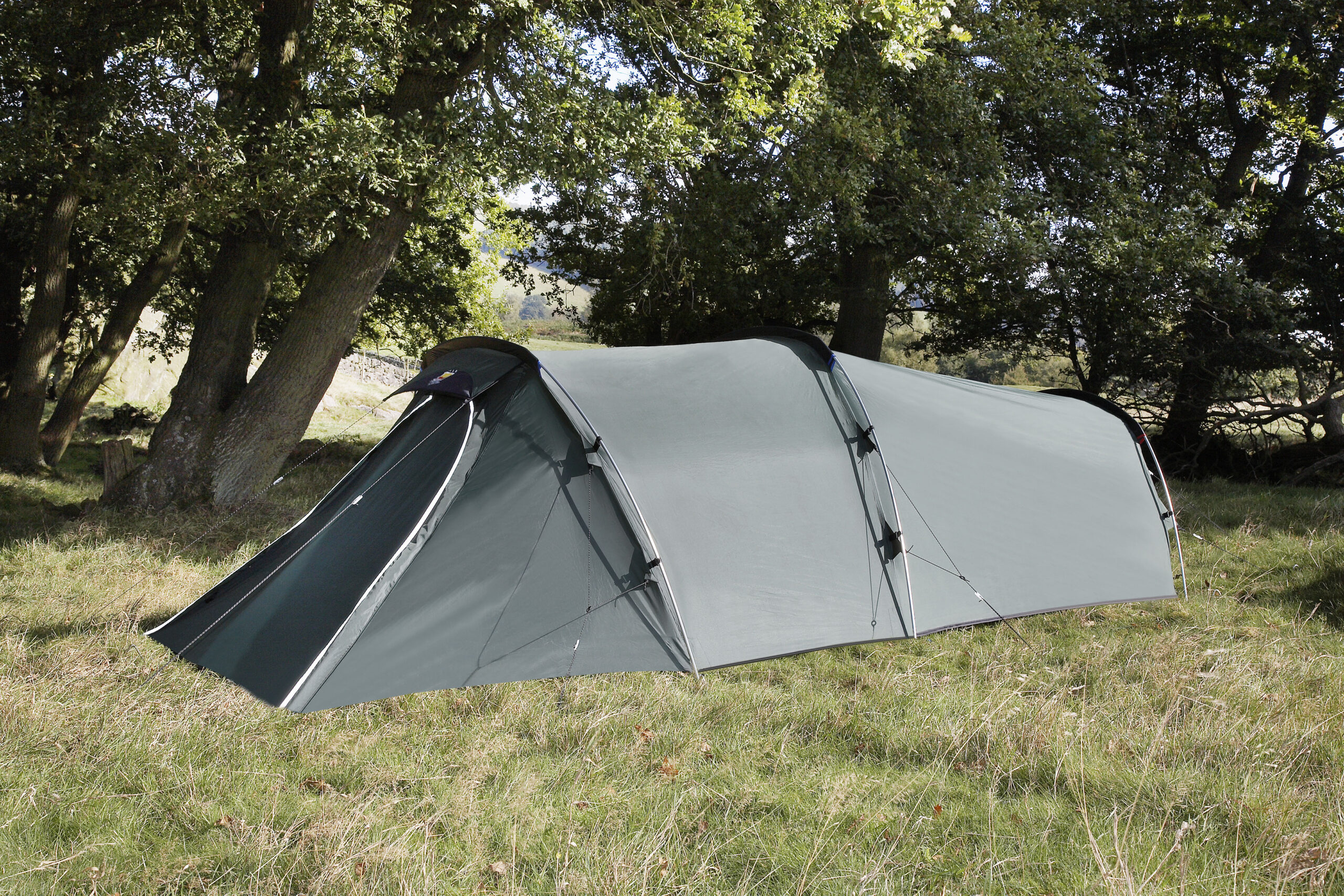 Long grey tunnel-style camping tent with a covered vestibule pitched on a grassy field beneath large deciduous trees