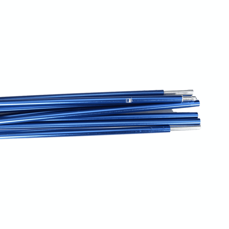 Bundle of thin metallic blue tent-pole sections with silver connector ends laid horizontally on a white background.