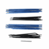 Sets of collapsible segmented tent poles in blue and black with silver metal ferrules, arranged in four parallel groups on a white background
