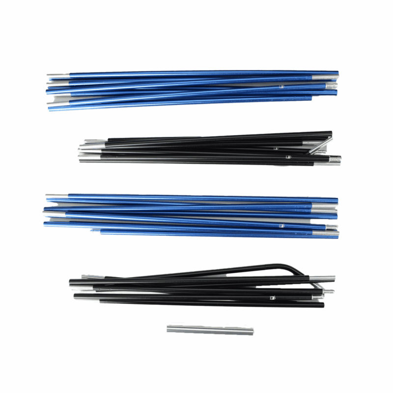 Sets of collapsible segmented tent poles in blue and black with silver metal ferrules, arranged in four parallel groups on a white background