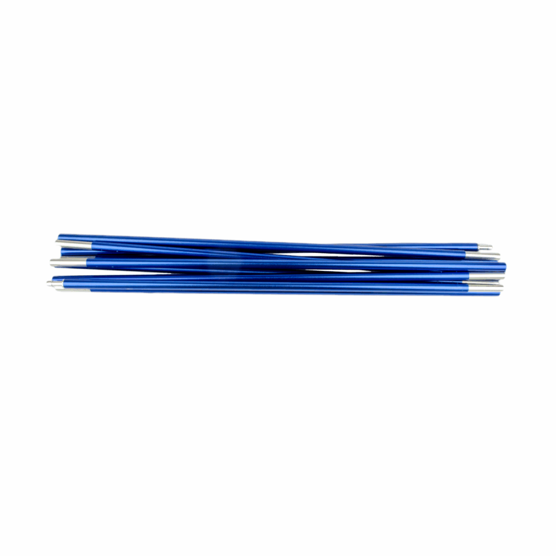 Several collapsed telescopic tent poles in metallic blue with silver connectors, stacked horizontally on a white background.