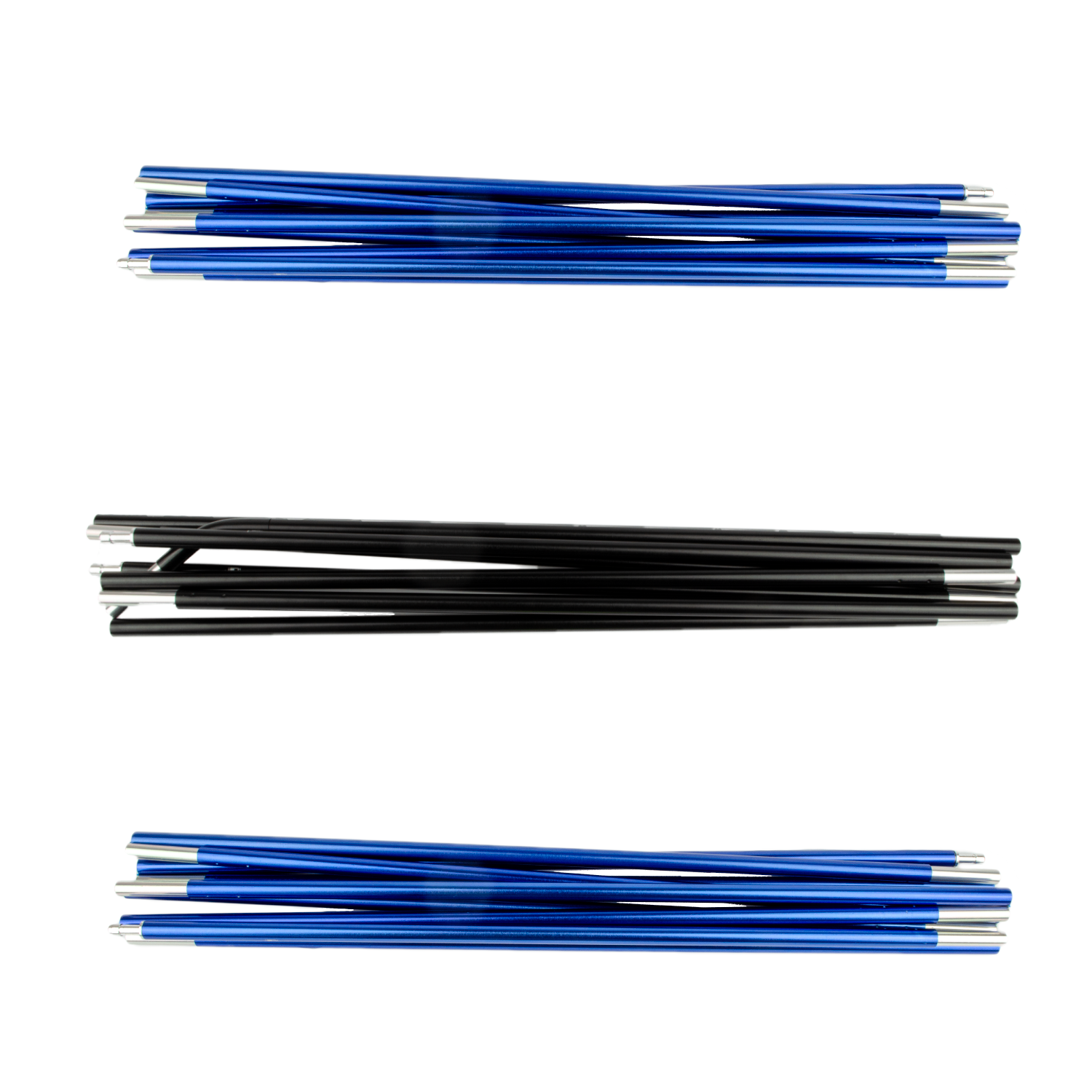 Three horizontal bundles of collapsible tent poles—blue bundles at top and bottom and a black bundle in the middle—laid flat on a white background with silver metal end fittings visible.