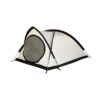 Small dome camping tent in white with black trim, blue pole accents and a circular mesh front door, pictured on a plain white background.