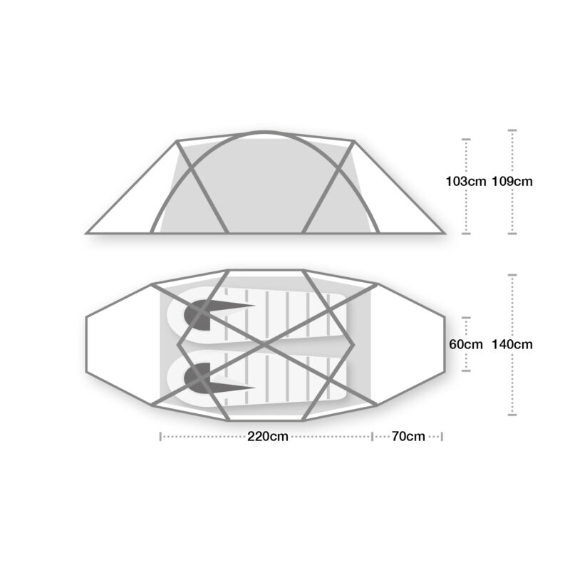 Line-drawn diagram of a two-person dome tent showing a side elevation and a top plan with crossed poles and two sleeping pads, labelled dimensions reading 103 cm and 109 cm (heights), 220 cm (sleeping area) plus 70 cm (vestibule), and overall width markers 140 cm and 60 cm.