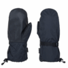 Pair of navy blue waterproof winter mittens on a white background, one showing a textured grip palm and drawcord cuff and the other showing the back with an adjustable wrist strap and gauntlet cuff.