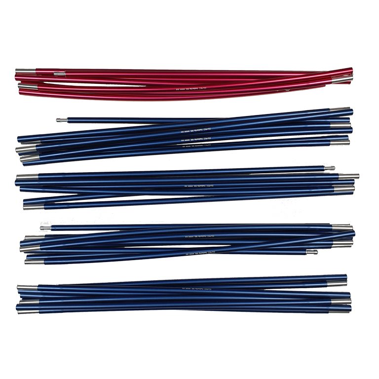Multiple segmented tent pole sections, mostly blue with one set in red, laid out in parallel with silver metal ferrules on a white background.