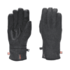Pair of charcoal-grey winter gloves laid flat side-by-side; left glove palm-up showing a black leather palm patch, touchscreen fingertip and an XDRY cuff label, right glove back-up with three stitched finger seams and a small wrist zipper.