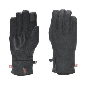 Pair of charcoal-grey winter gloves laid flat side-by-side; left glove palm-up showing a black leather palm patch, touchscreen fingertip and an XDRY cuff label, right glove back-up with three stitched finger seams and a small wrist zipper.