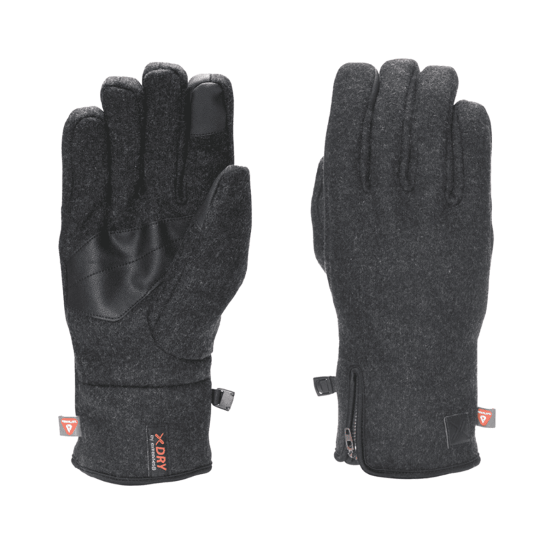 Pair of charcoal-grey winter gloves laid flat side-by-side; left glove palm-up showing a black leather palm patch, touchscreen fingertip and an XDRY cuff label, right glove back-up with three stitched finger seams and a small wrist zipper.