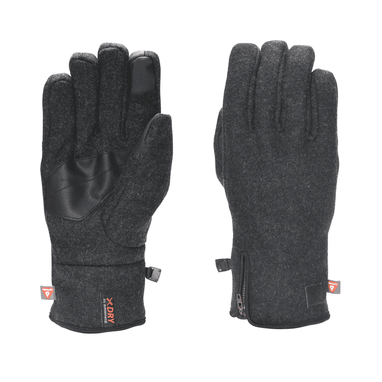 Pair of charcoal-grey winter gloves laid flat side-by-side; left glove palm-up showing a black leather palm patch, touchscreen fingertip and an XDRY cuff label, right glove back-up with three stitched finger seams and a small wrist zipper.