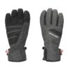 Pair of grey and black insulated winter gloves on a white background — the left glove shows a black palm with white stitching and an elasticated cuff, the right glove shows a grey fabric back with the 'extremities' logo, a small zip and a hanging tag.
