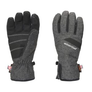 Pair of grey and black insulated winter gloves on a white background — the left glove shows a black palm with white stitching and an elasticated cuff, the right glove shows a grey fabric back with the 'extremities' logo, a small zip and a hanging tag.