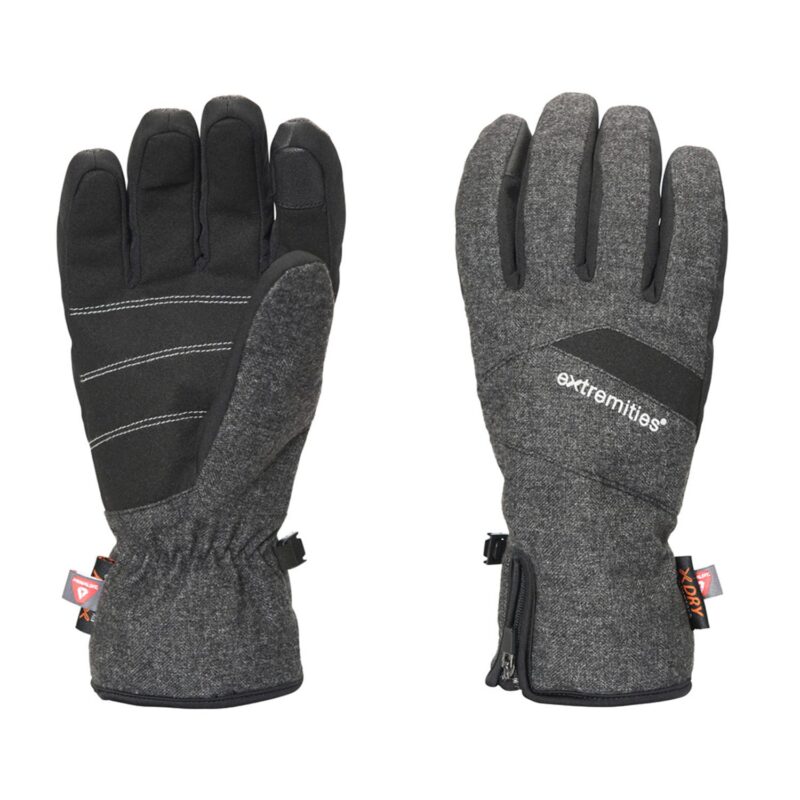 Pair of grey and black insulated winter gloves on a white background — the left glove shows a black palm with white stitching and an elasticated cuff, the right glove shows a grey fabric back with the 'extremities' logo, a small zip and a hanging tag.