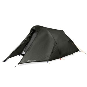 Dark grey/black two-person tunnel tent with a small front vestibule, 'VOYAGER' logo on the lower flysheet and yellow guy lines, photographed on a white background.