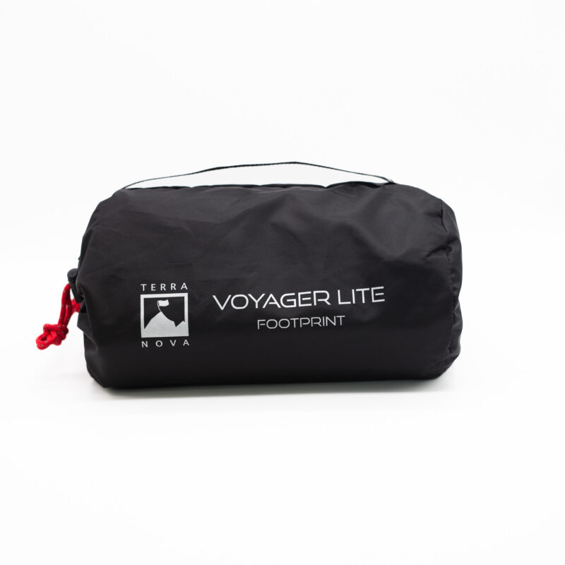 Small black cylindrical stuff sack with a red drawcord and thin top carry loop, printed with the Terra Nova logo and the words “VOYAGER LITE FOOTPRINT” on a white background.