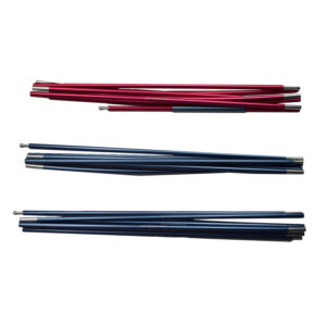 Voyager-SL-Voyager-U-Voyager-Current-Pole-Set-3.jpg Three bundles of segmented aluminium tent poles laid horizontally on a white background — one red bundle at the top and two blue bundles below, each showing metal ferrules and ball-end connectors.