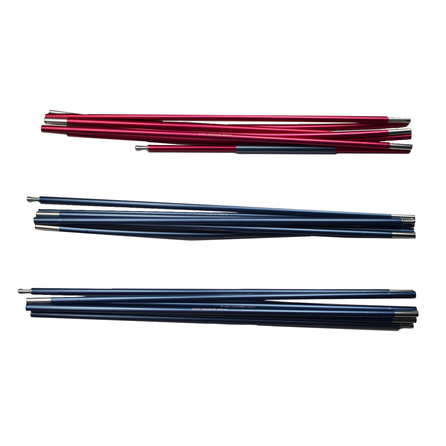 Three bundles of segmented aluminium tent poles laid horizontally on a white background — one red bundle at the top and two blue bundles below, each showing metal ferrules and ball-end connectors.