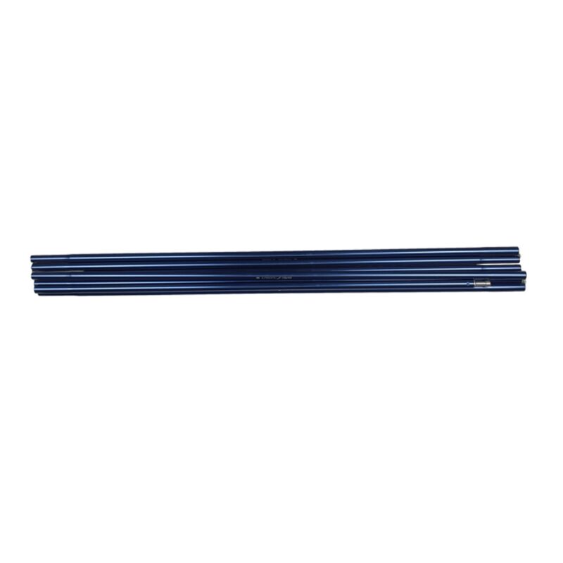 Five dark-blue collapsible aluminium tent poles nested side by side with a visible metal ferrule on one end against a white background.