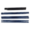 Four sets of segmented collapsible tent poles—three blue and one black—with silver ferrules, neatly laid flat on a white background.