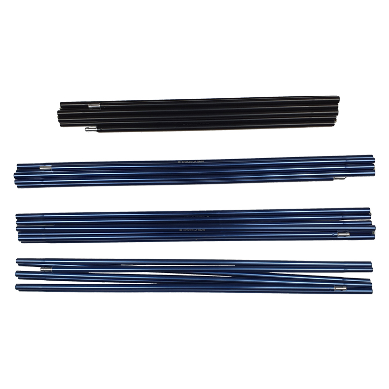 Four sets of segmented collapsible tent poles—three blue and one black—with silver ferrules, neatly laid flat on a white background.