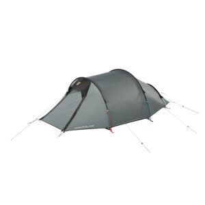 Grey tunnel-style two-person camping tent with black trim and coloured pole sleeves, fully pitched with guylines and pegs visible against a white background.